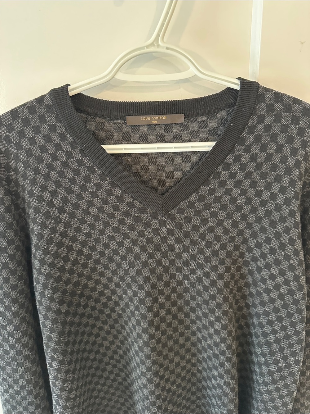 Authentic Louis Vuitton Men's Black Damier Pattern V-Neck Sweater - Size Medium